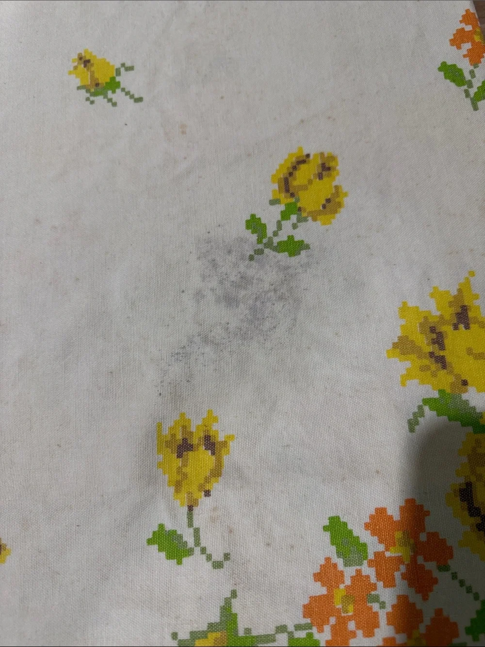 Vintage antique cross stitch fabric and lace yellow floral tablecloth 66x57